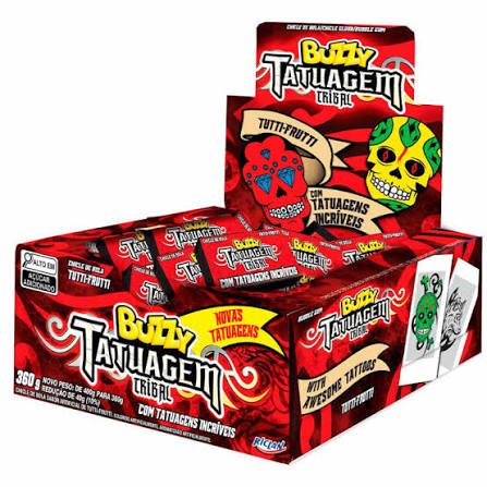 Chicle Buzzy Tattoo Tutti-Frutti com 90 unidades